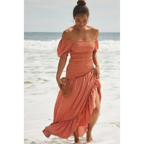 L*SPACE Simone Floral Square‎ Neck Short Sleeve Smocked High Low Maxi Dress - Picture 5 of 16